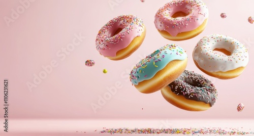 Colorful donuts with sprinkles floating against a pink background
