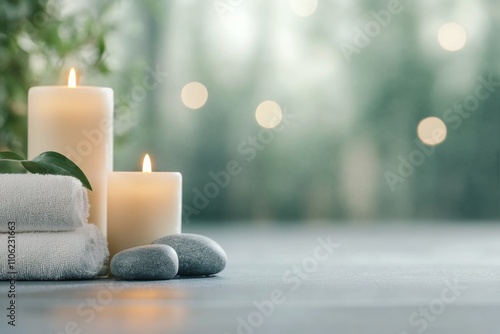 Relaxing spa setting with candles and towels on a tranquil surface in soft light