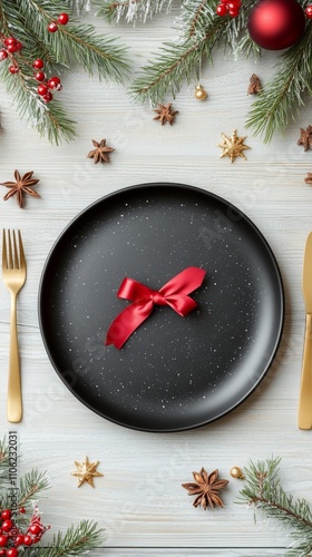 Holiday table setting with festive decorations and elegant dinnerware arrange...