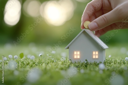 Saving money in a small house model surrounded by grass and sunlight during t...