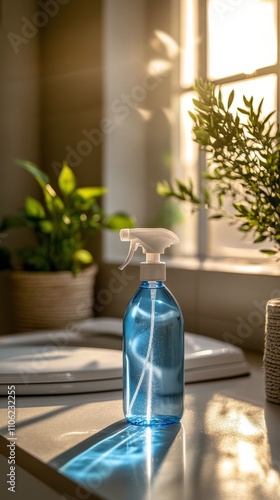 Sunlight reflecting off a blue cleaning spray bottle on a kitchen counter nea...