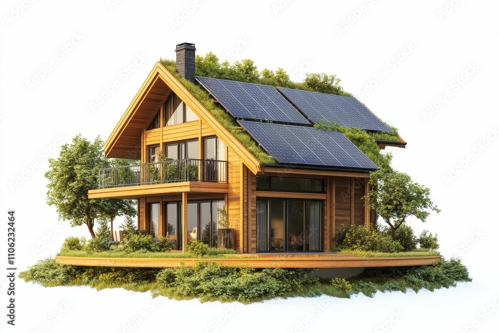 Eco-friendly wooden house, solar panels, green roof.
