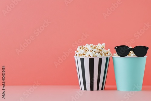 Popcorn in striped containers with stylish sunglasses on a pink background