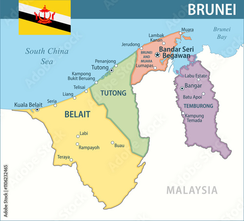 Brunei Map Vector New 2024 Colorful - Customizable layered political map of Brunei with administrative divisions for website, education, reports, news, politics, print, poster and wallpaper