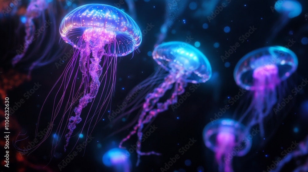 Fototapeta premium Bio-luminescent Jellyfish Swarm in Cosmic Dark, jellyfish, bioluminescence