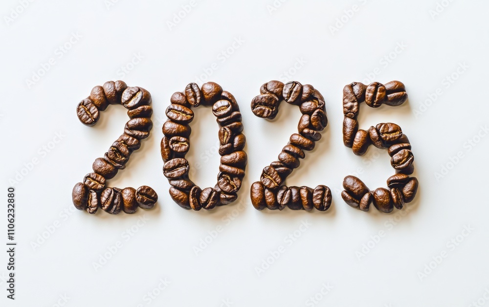 2025 Made of Coffee Beans Numbers designed with dark roasted coffee beans, arranged neatly for a rich and aromatic look. White background. 2025 Made of Coffee Beans Numbers designed with dark roasted coffee beans, arranged neatly for a rich and aromatic look. White background.