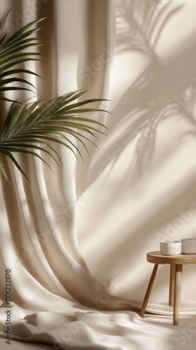 Soft natural light creating warm shadows on draped fabric with a potted plant...