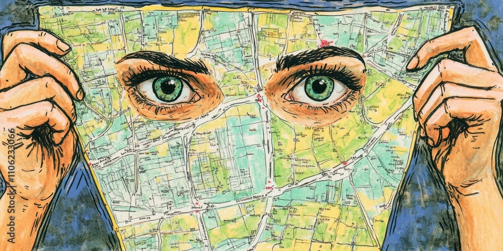 Fototapeta premium A person holds a map with large eyes, symbolizing exploration and perception.