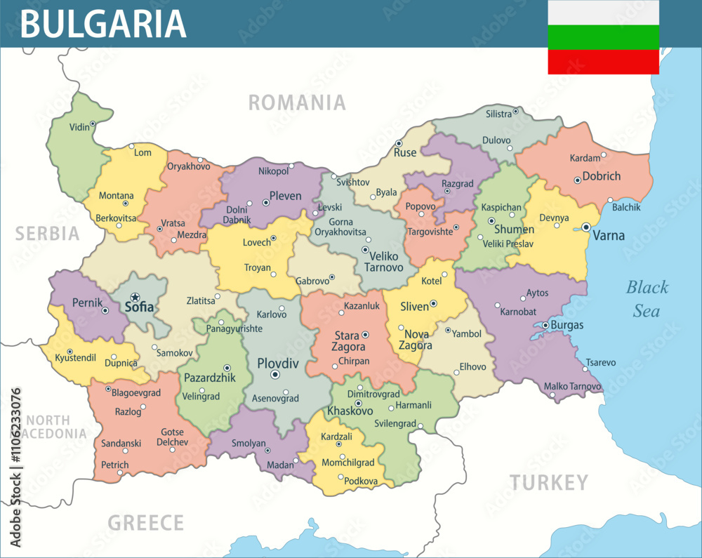 Fototapeta premium Bulgaria Map Vector New 2024 Colorful - Customizable layered political map of Bulgaria with administrative divisions for website, education, reports, news, politics, print, poster and wallpaper
