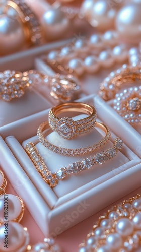 Elegant gold ring surrounded by pearls on a delicate pink surface