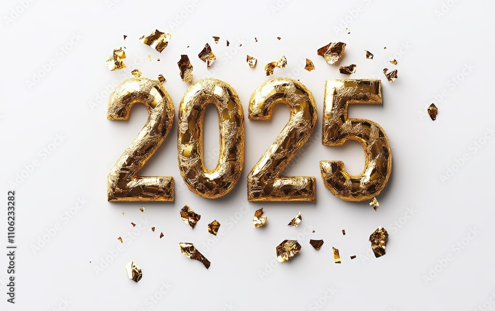 2025 Made of Gold Leaf Chocolate Numbers styled with luxurious gold-coated chocolate pieces. Elegant and festive, white background. 2025 Made of Gold Leaf Chocolate Numbers styled with luxurious gold-coated chocolate pieces. Elegant and festive, white background.