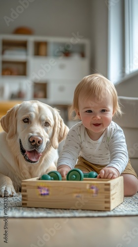 Sweet interaction between a baby and a friendly dog in a cozy living room set...