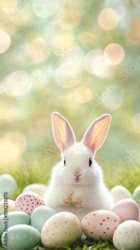White rabbit surrounded by colorful Easter eggs on a light background