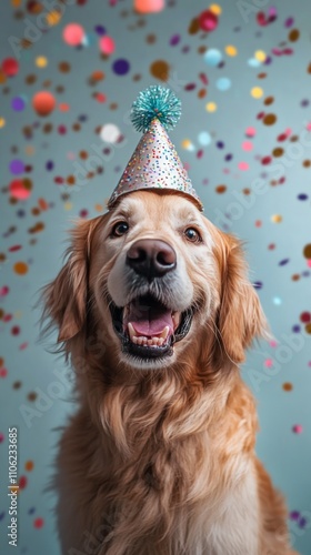 Golden retriever with a party hat celebrating with colorful confetti in the b...