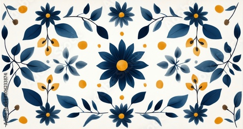 Floral pattern design featuring dark blue and yellow flowers with leaves on a...