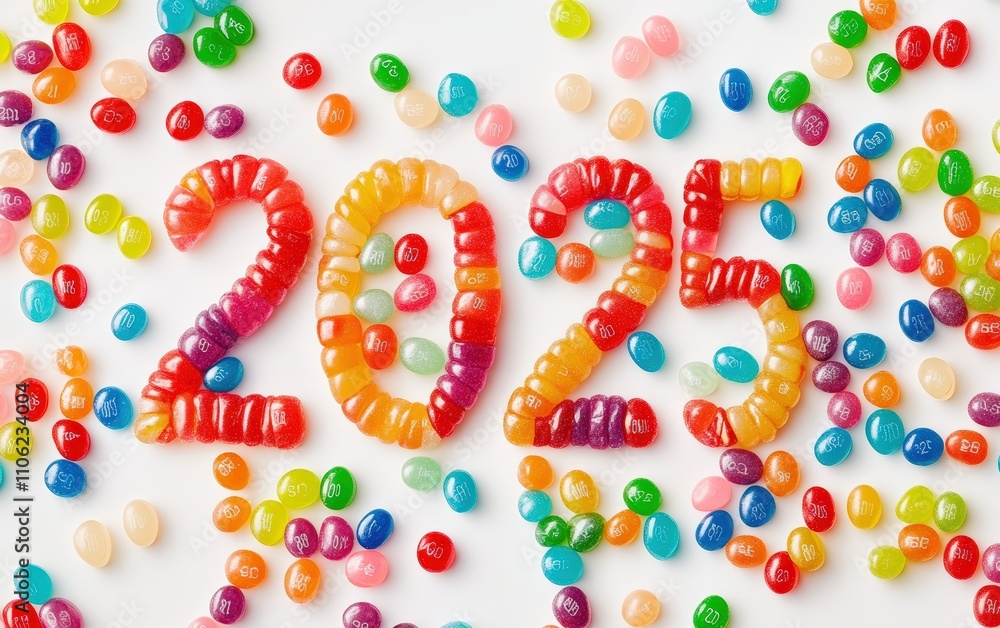 2025 Made of Jelly Beans Numbers crafted with colorful jelly beans in a fun and vibrant pattern. Playful and sweet, white background. 2025 Made of Jelly Beans Numbers crafted with colorful jelly beans in a fun and vibrant pattern. Playful and sweet, white background.