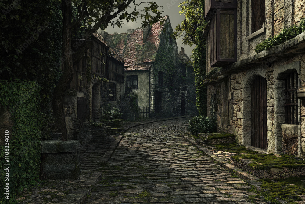 Ancient Cobblestone Pathway in a Foggy Alley Ancient Cobblestone Pathway in a Foggy Alley