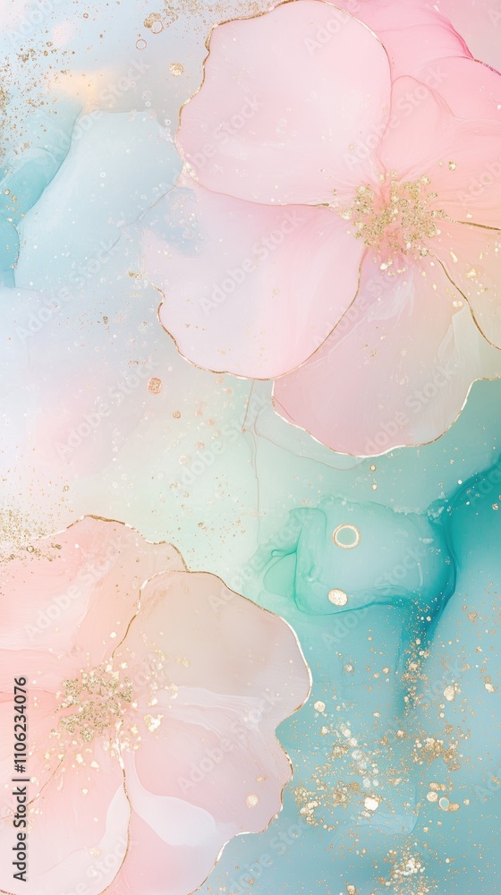 Elegant wallpaper, alcohol ink painting, watercolor illustration, beautiful flowers, pastel pink, light blue and green, pastel colors, gold, feminine Elegant wallpaper, alcohol ink painting, watercolor illustration, beautiful flowers, pastel pink, light blue and green, pastel colors, gold, feminine