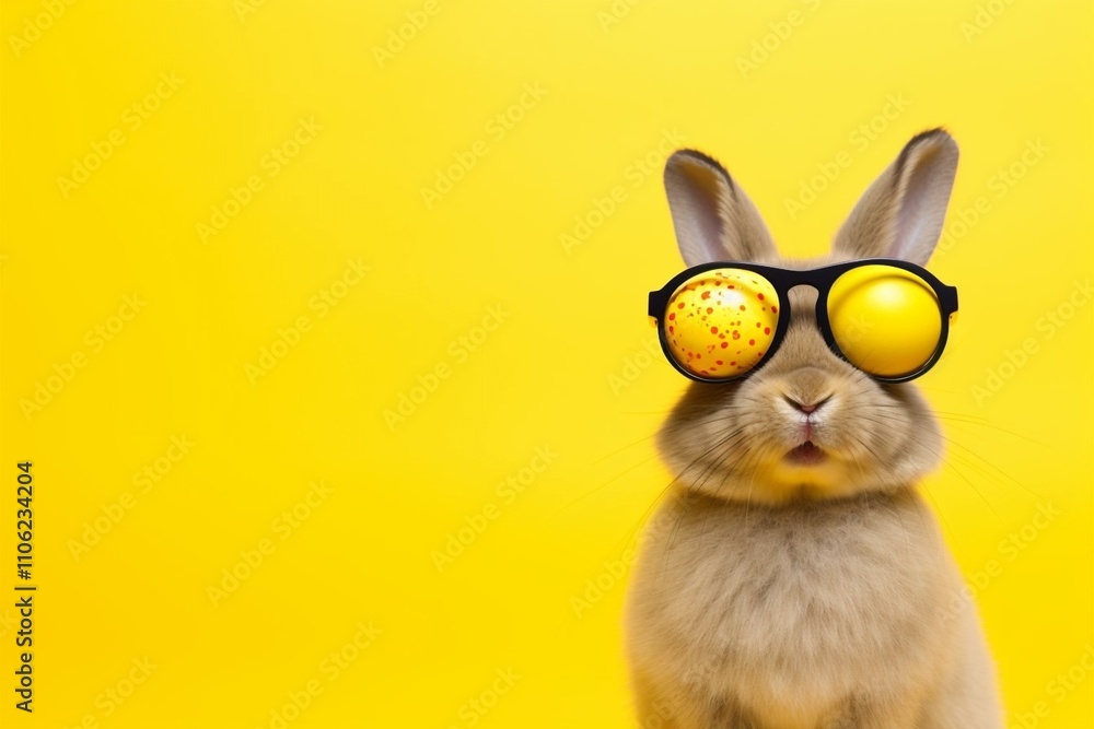 A cute bunny wearing stylish sunglasses with colorful Easter eggs on a vibrant yellow background, perfect for Easter and spring celebrations
