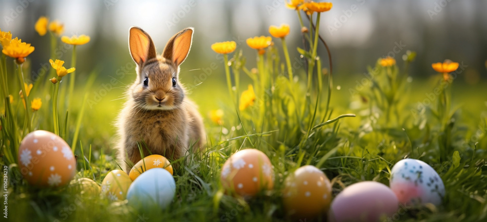 Happy Easter. Adorable bunny sitting among colorful, decorated Easter eggs in a sunny spring meadow, surrounded by fresh flowers and green grass. A charming and festive Easter-themed scene full of joy