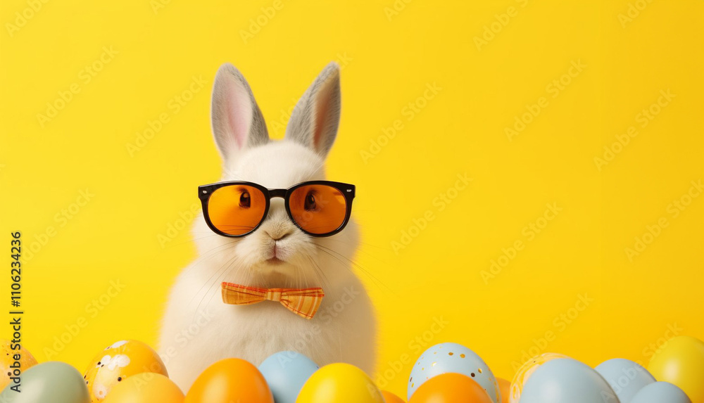 Stylish white bunny wearing sunglasses and a bow tie against a vibrant yellow background, surrounded by colorful Easter eggs. A fun, modern take on Easter festivities. Easter and spring celebrations