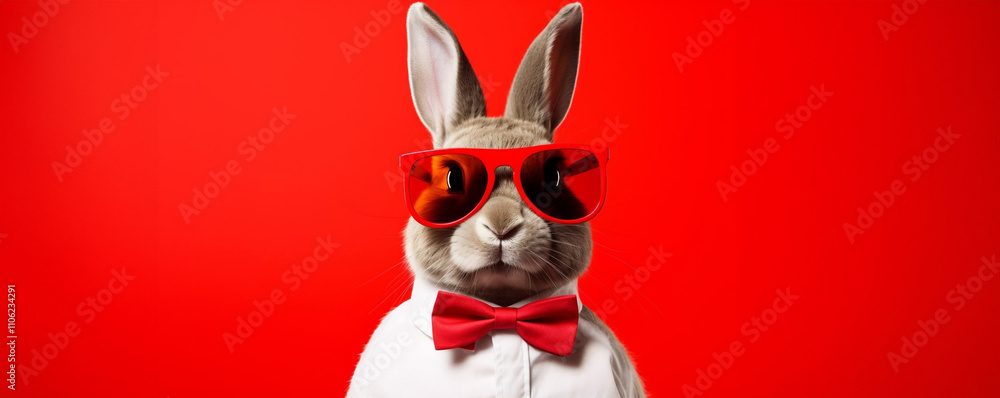 Happy Easter banner. Adorable bunny wearing red glasses and a matching bow tie on a bright red background, showcasing a playful and cheerful Easter or springtime vibe