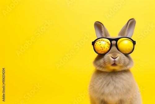 Obraz na płótnie A cute bunny wearing stylish sunglasses with colorful Easter eggs on a vibrant yellow background, perfect for Easter and spring celebrations w salonie