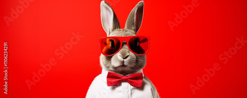 Obraz na płótnie Happy Easter banner. Adorable bunny wearing red glasses and a matching bow tie on a bright red background, showcasing a playful and cheerful Easter or springtime vibe w salonie