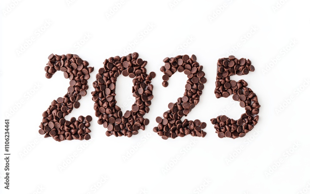 2025 Made of Chocolate Chips Numbers arranged with semi-sweet chocolate chips in a neat and enticing pattern. Simple and rich, white background. 2025 Made of Chocolate Chips Numbers arranged with semi-sweet chocolate chips in a neat and enticing pattern. Simple and rich, white background.