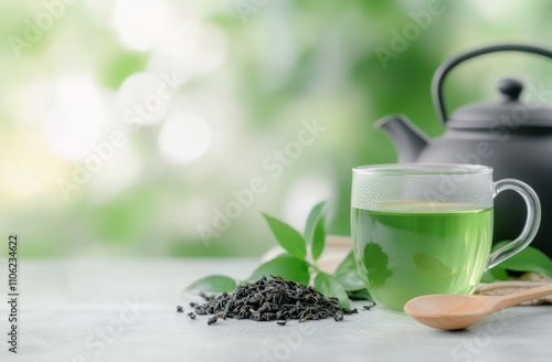 Hot green tea steaming in a glass cup with loose tea leaves on a wooden spoon...