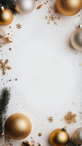 Holiday decorations featuring gold and white ornaments on a light background ...