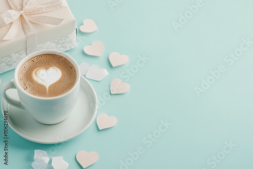 A cup of coffee with a heart design in the foam sits on a small plate