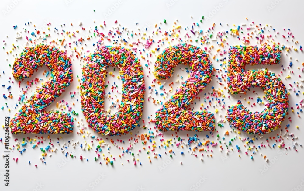 2025 Made of Rainbow Sprinkles Numbers crafted with colorful sprinkles in a cheerful and vibrant pattern. Festive and playful, white background. 2025 Made of Rainbow Sprinkles Numbers crafted with colorful sprinkles in a cheerful and vibrant pattern. Festive and playful, white background.