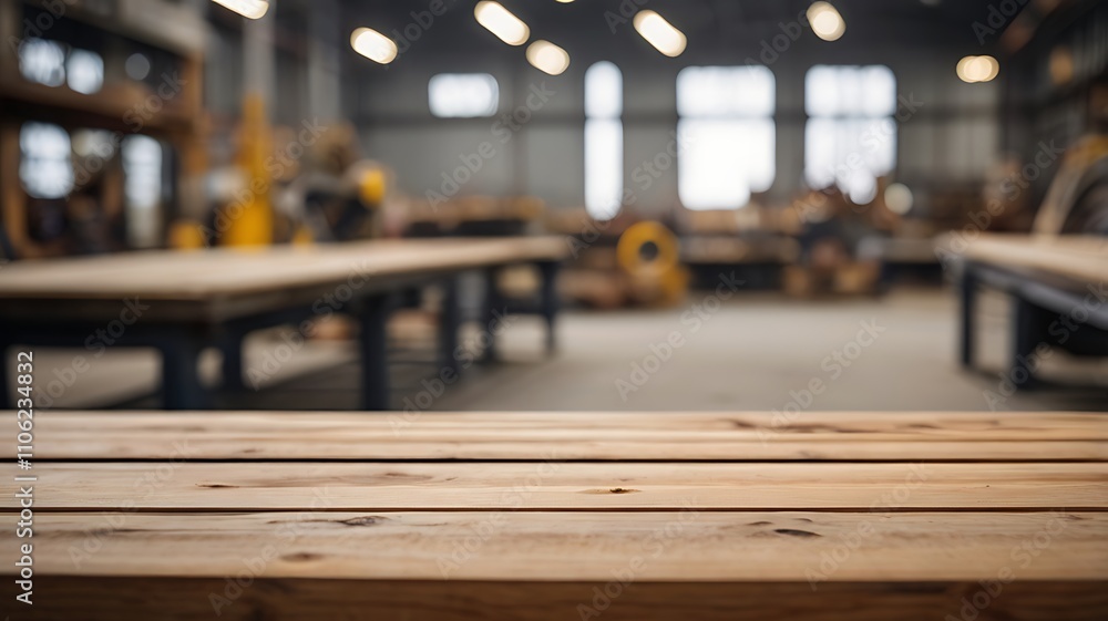 A empty wooden table with a blurred background of industrial factory A empty wooden table with a blurred background of industrial factory