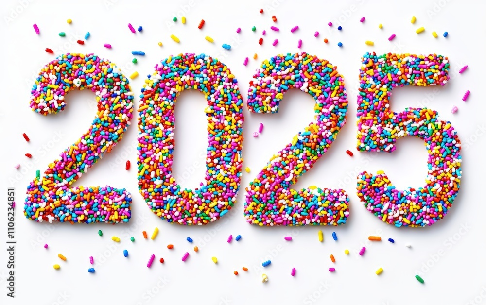 2025 Made of Rainbow Sprinkles Numbers crafted with colorful sprinkles in a cheerful and vibrant pattern. Festive and playful, white background. 2025 Made of Rainbow Sprinkles Numbers crafted with colorful sprinkles in a cheerful and vibrant pattern. Festive and playful, white background.