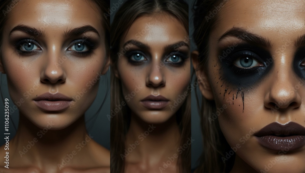 Naklejka premium Haunting Halloween makeup, dark themes for spooky effect.