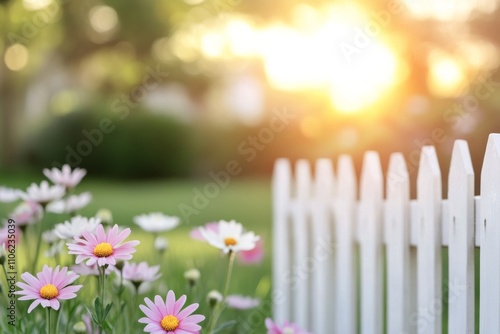 Flowers bloom beside a white picket fence in a sunny garden at dusk