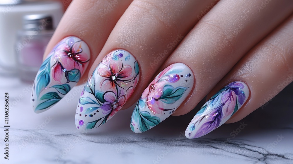 Elegant floral nail art design on long almond-shaped nails. Elegant floral nail art design on long almond-shaped nails.