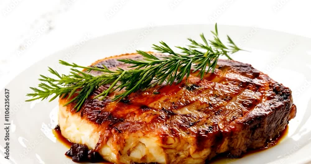 Cinematic zoom on a juicy, grilled steak with fresh rosemary laid on top, isolated on a white background for a clean Cinematic zoom on a juicy, grilled steak with fresh rosemary laid on top, isolated on a white background for a clean