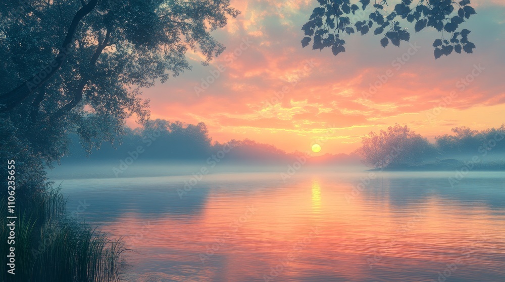 Golden Hour Sunset Over Misty Lake, Landscape, Nature, Peaceful, Serene Golden Hour Sunset Over Misty Lake, Landscape, Nature, Peaceful, Serene