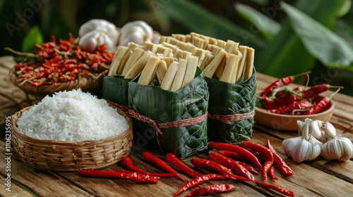 Traditional culinary ingredients arranged on a woven mat in a rustic kitchen ...