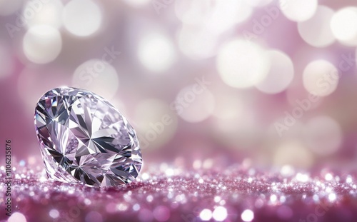 Sparkling diamond resting on a reflective surface with a colorful bokeh backg...