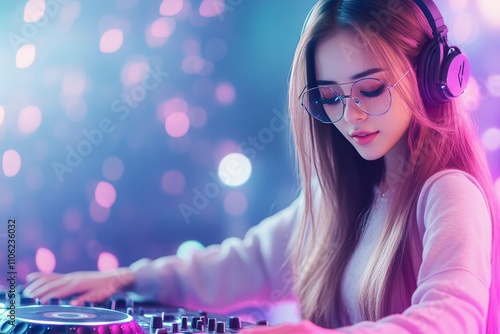 Young female DJ performing in vibrant club atmosphere with colorful lights