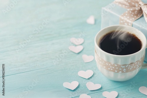 A cup of coffee with a heart design in the foam sits on a small plate