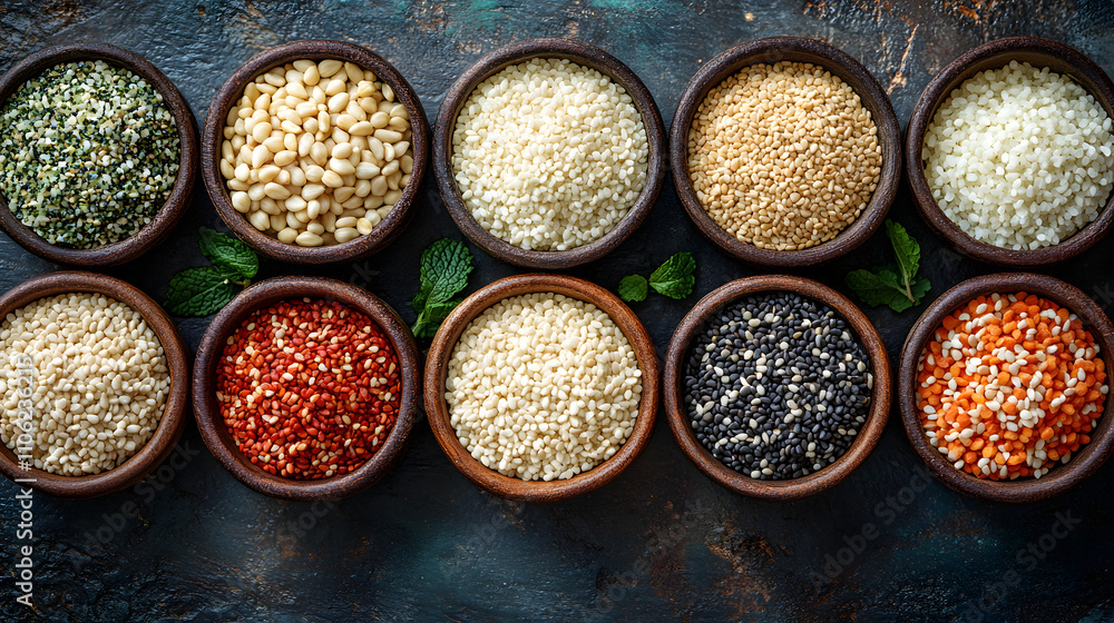 A Rustic Table Setting Featuring Assorted Sesame Seeds and Herbs Illustrating Ayurvedic Practices and Nutrition A Rustic Table Setting Featuring Assorted Sesame Seeds and Herbs Illustrating Ayurvedic Practices and Nutrition