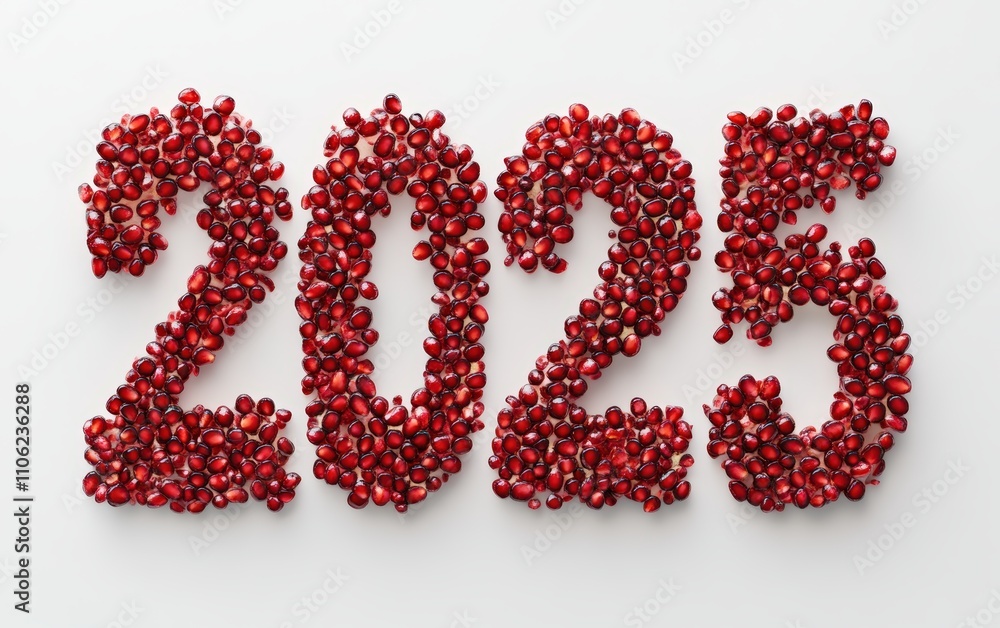 2025 Made of Pomegranate Seeds Numbers crafted with glistening pomegranate seeds, arranged delicately. Vibrant and festive, white background. 2025 Made of Pomegranate Seeds Numbers crafted with glistening pomegranate seeds, arranged delicately. Vibrant and festive, white background.