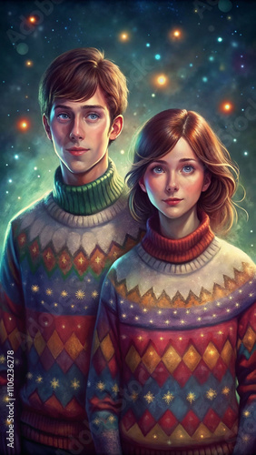 Couple wearing matching sweaters with starry patterns, dreamy illustration.