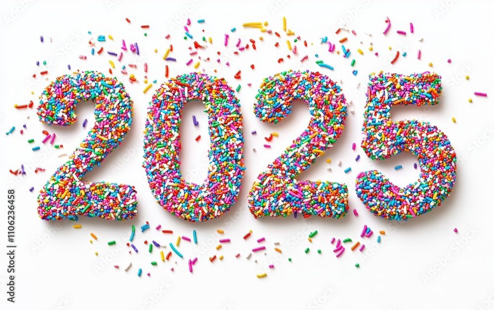 2025 Made of Rainbow Sprinkles Numbers crafted with colorful sprinkles in a cheerful and vibrant pattern. Festive and playful, white background. 2025 Made of Rainbow Sprinkles Numbers crafted with colorful sprinkles in a cheerful and vibrant pattern. Festive and playful, white background.