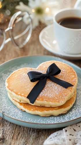 Heart shaped pancake with a ribbon on a plate next to coffee and glasses duri...
