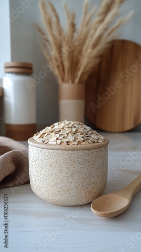 Healthy oats in a ceramic jar with a wooden spoon and decorative elements in ...